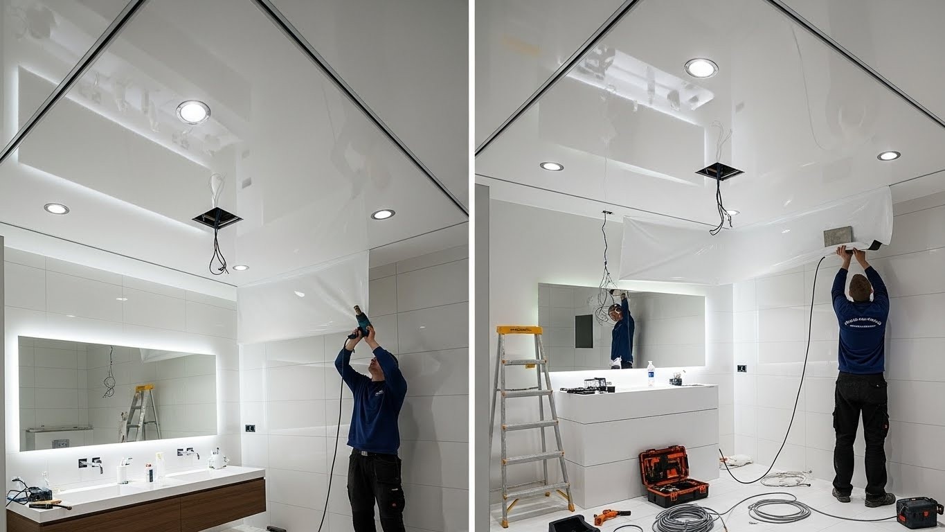 Монтаж натяжных потолков с отделкой для ванной с подсветкой