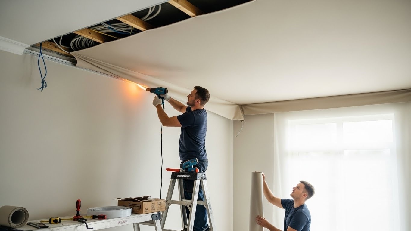 Монтаж тканевого натяжного потолка в жилом помещении Тканевый натяжной потолок в жилом помещении