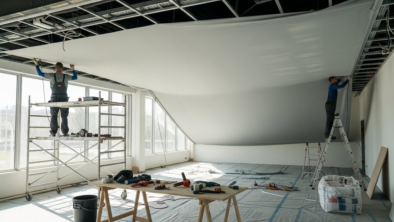 Монтаж натяжных потолков с тканевым покрытием для торговых помещений