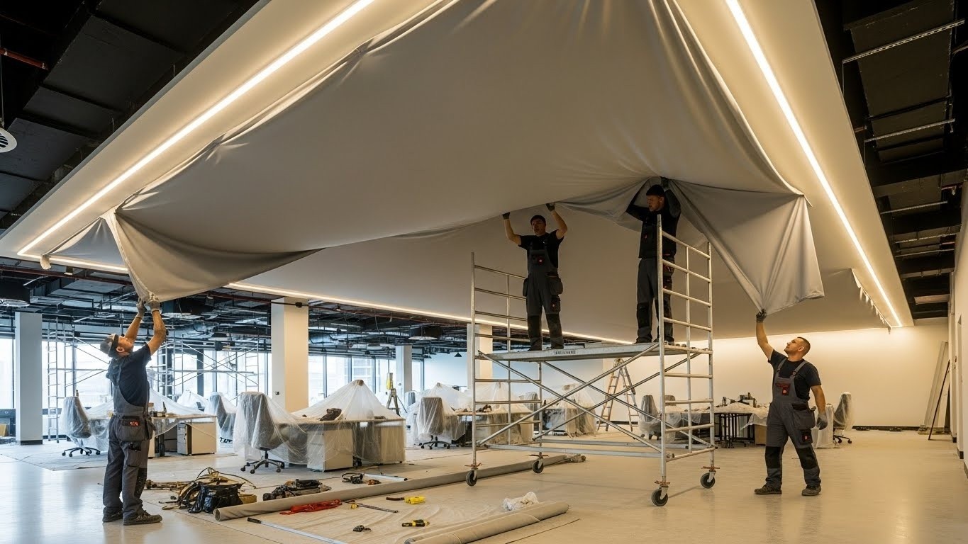 Тканевый натяжной потолок в торговом зале