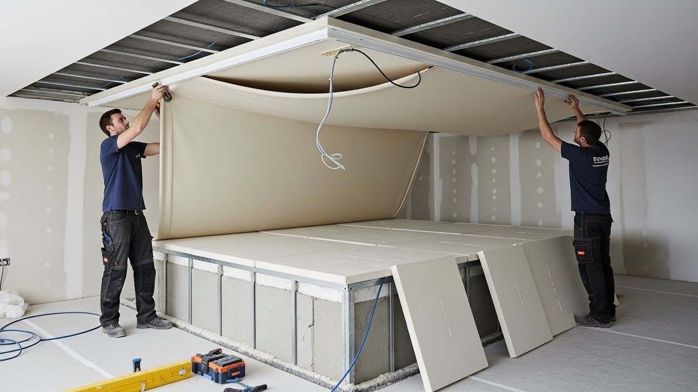 Монтаж натяжных потолков с тканевым покрытием с шумоизоляцией