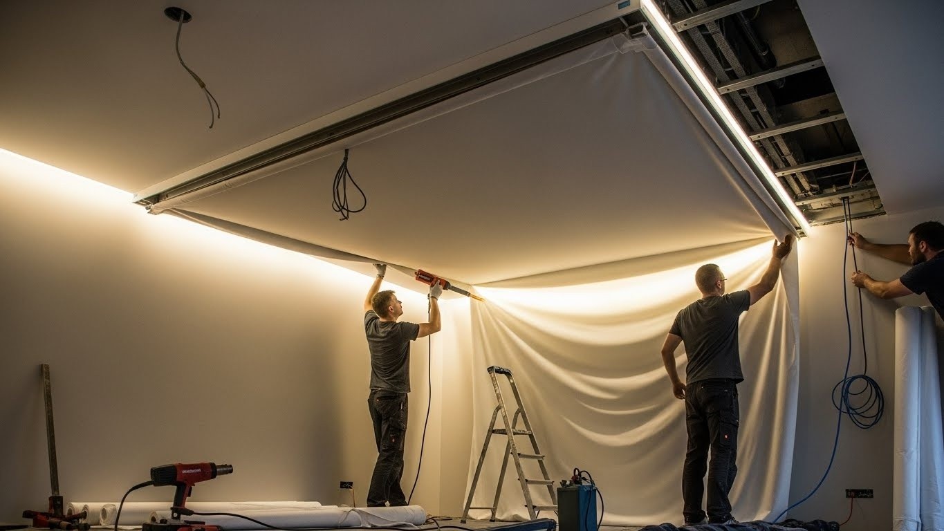 Монтаж натяжных потолков с тканевым покрытием с подсветкой