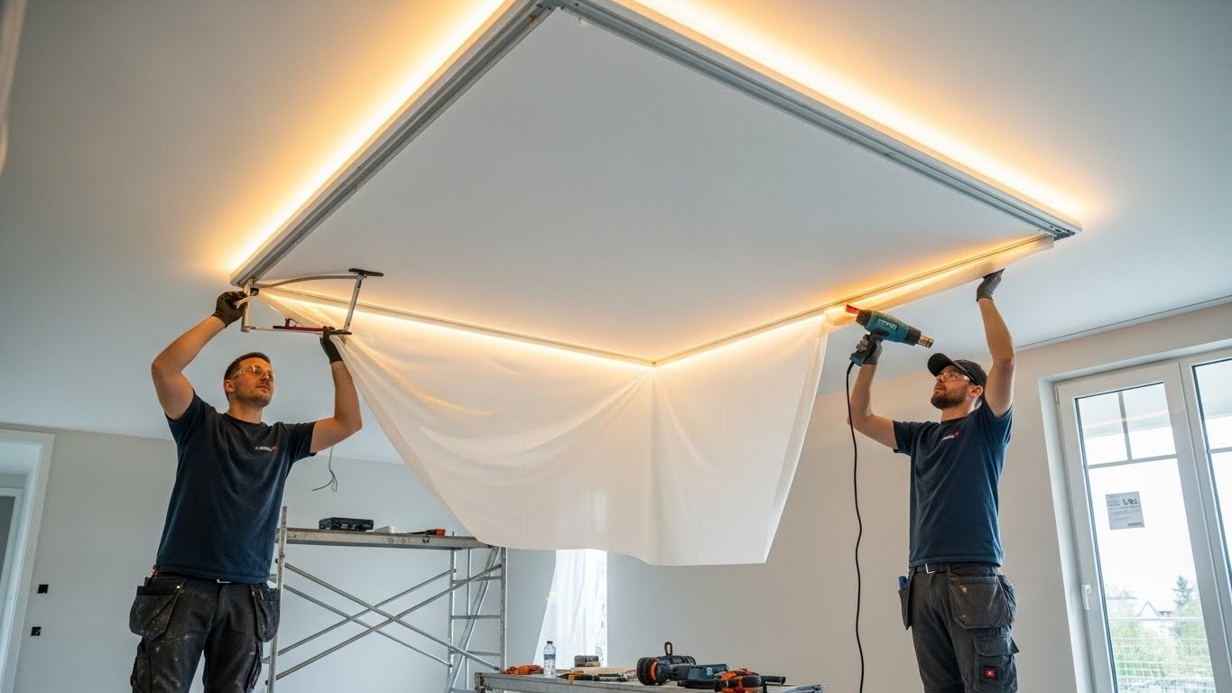 Монтаж тканевого натяжного потолка с подсветкой Тканевый натяжной потолок с подсветкой