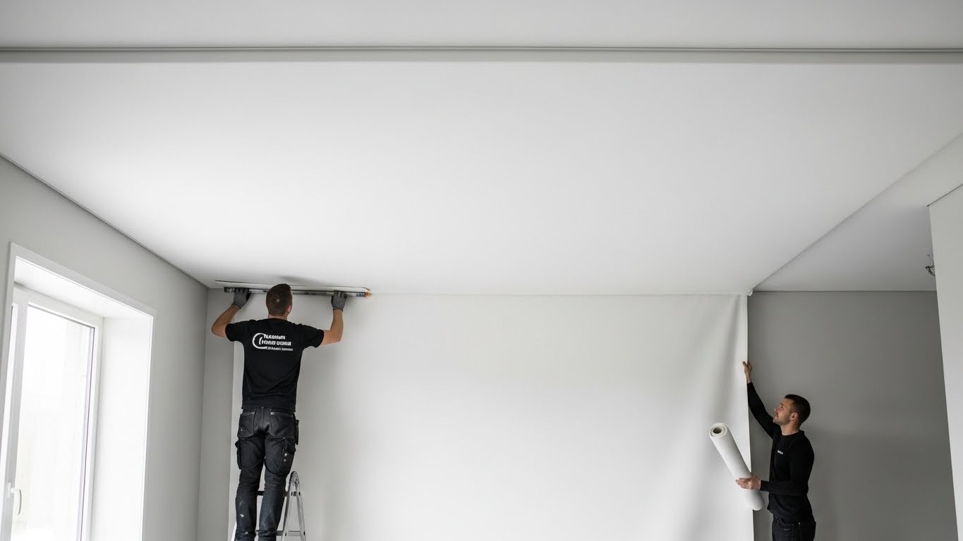 Монтаж натяжных потолков с тканевым покрытием в стиле минимализм