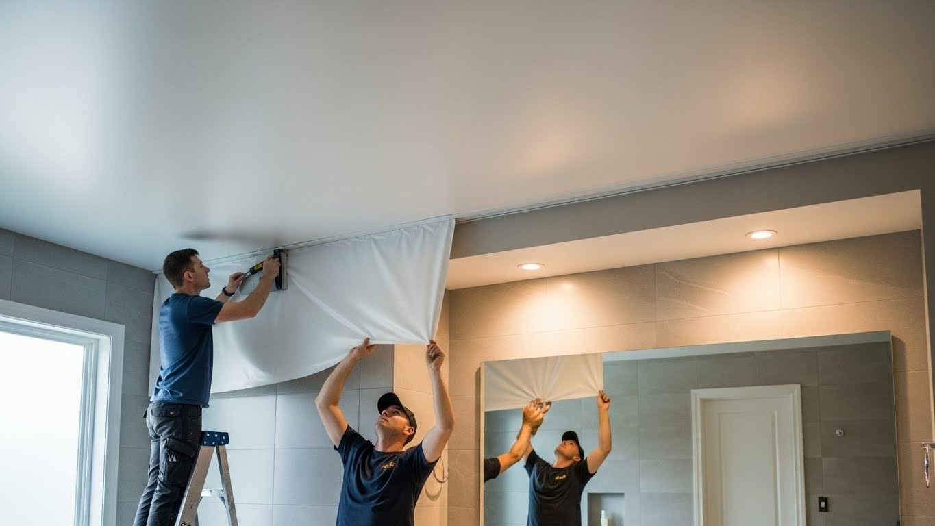 Монтаж натяжных потолков с тканевым покрытием для ванной комнаты