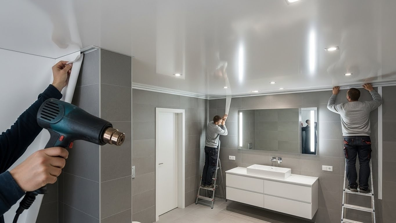 Тканевый натяжной потолок в ванной комнате