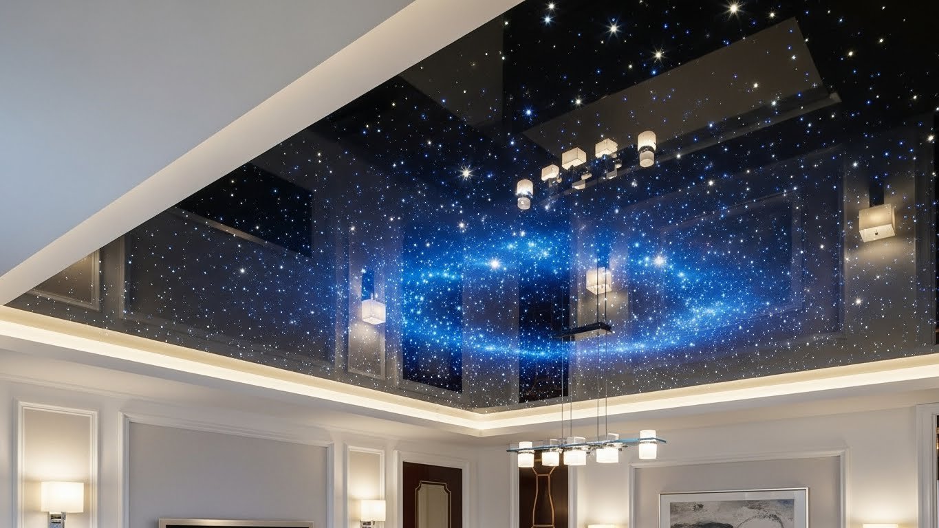 Натяжные потолки с эффектом звездного неба глянцевые