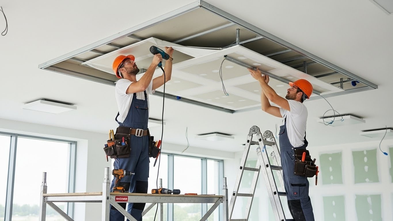 Монтаж натяжных потолков с гипсокартонными элементами для офисов