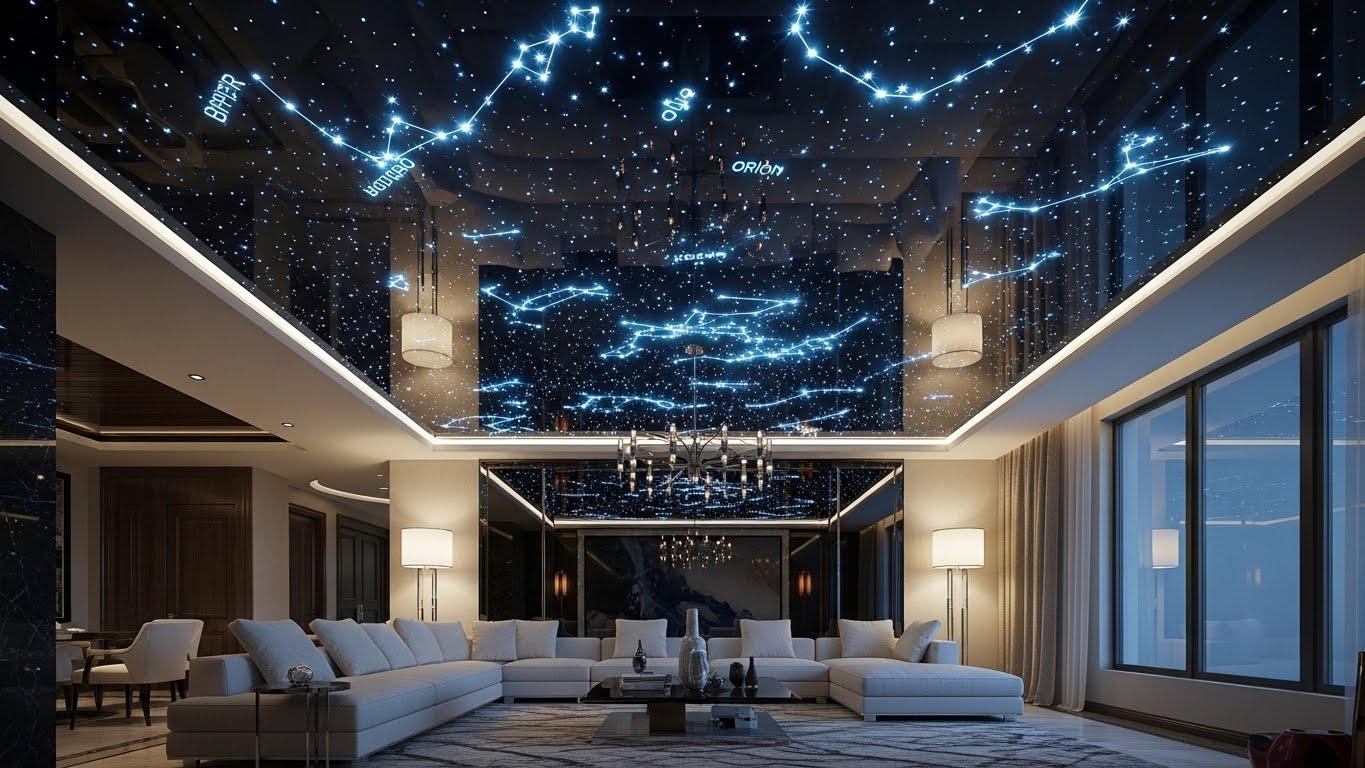 Глянцевый натяжной потолок с эффектом звездного неба
