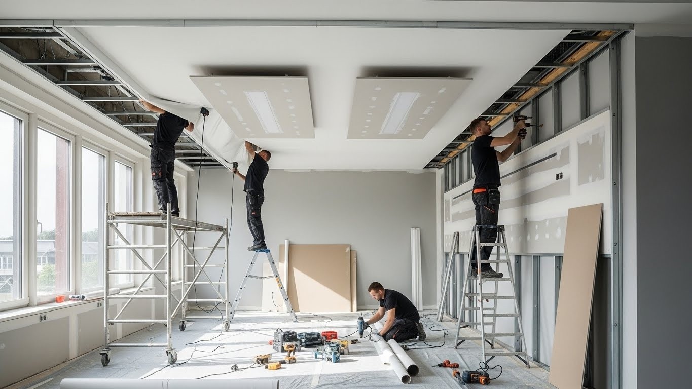 Натяжной потолок с гипсокартонными элементами в офисе