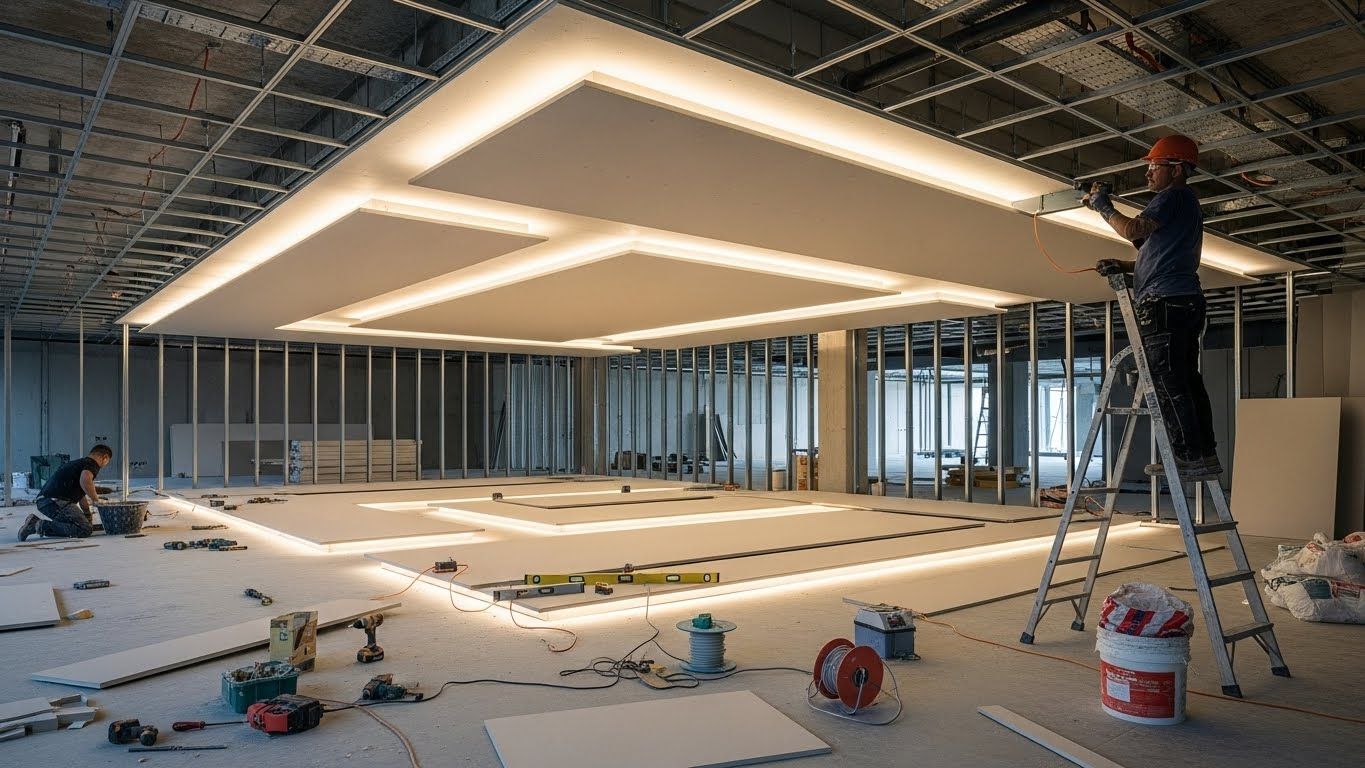 Монтаж натяжных потолков с гипсокартонными элементами с подсветкой