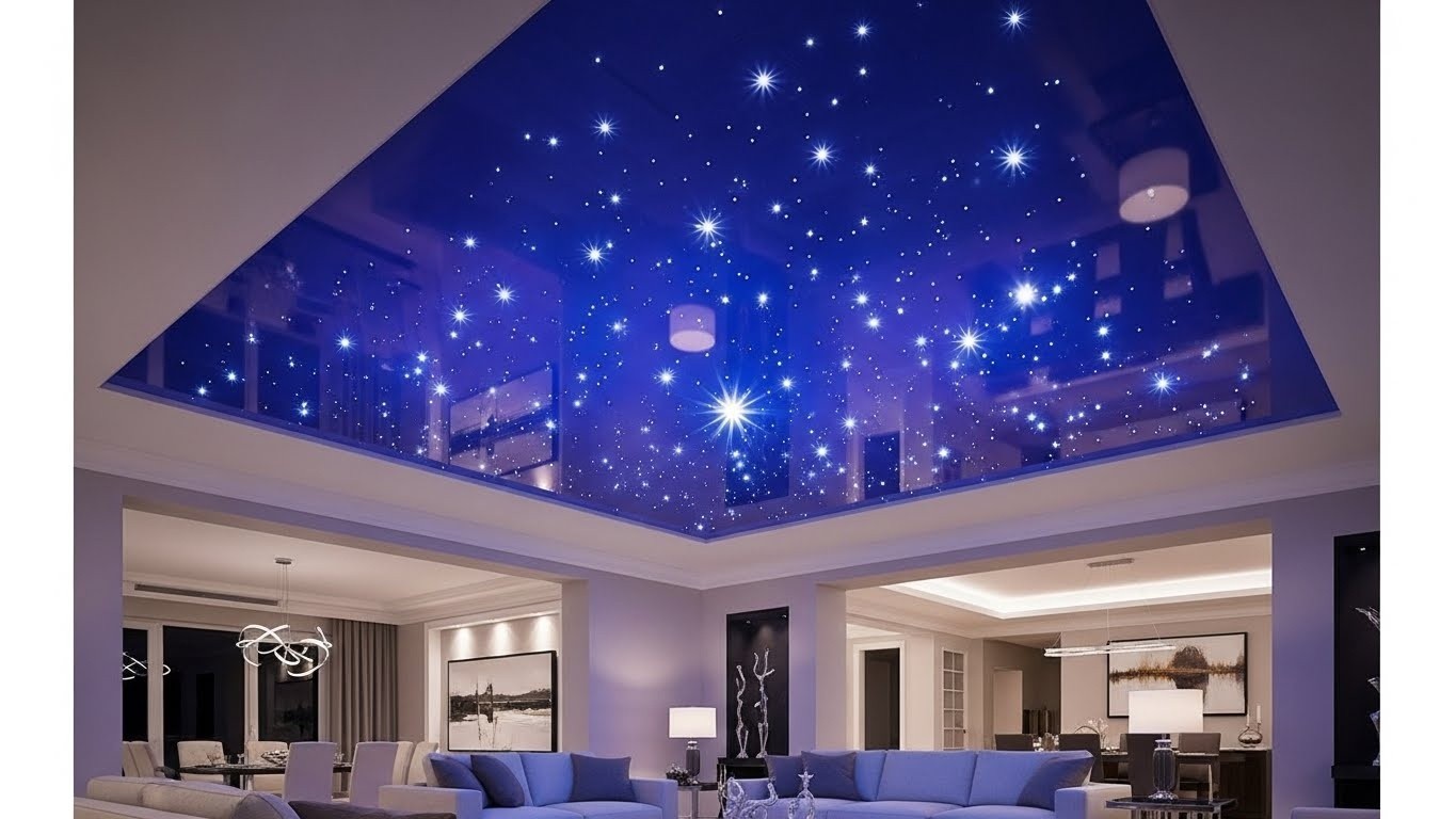 Сатиновый натяжной потолок с эффектом звездного неба