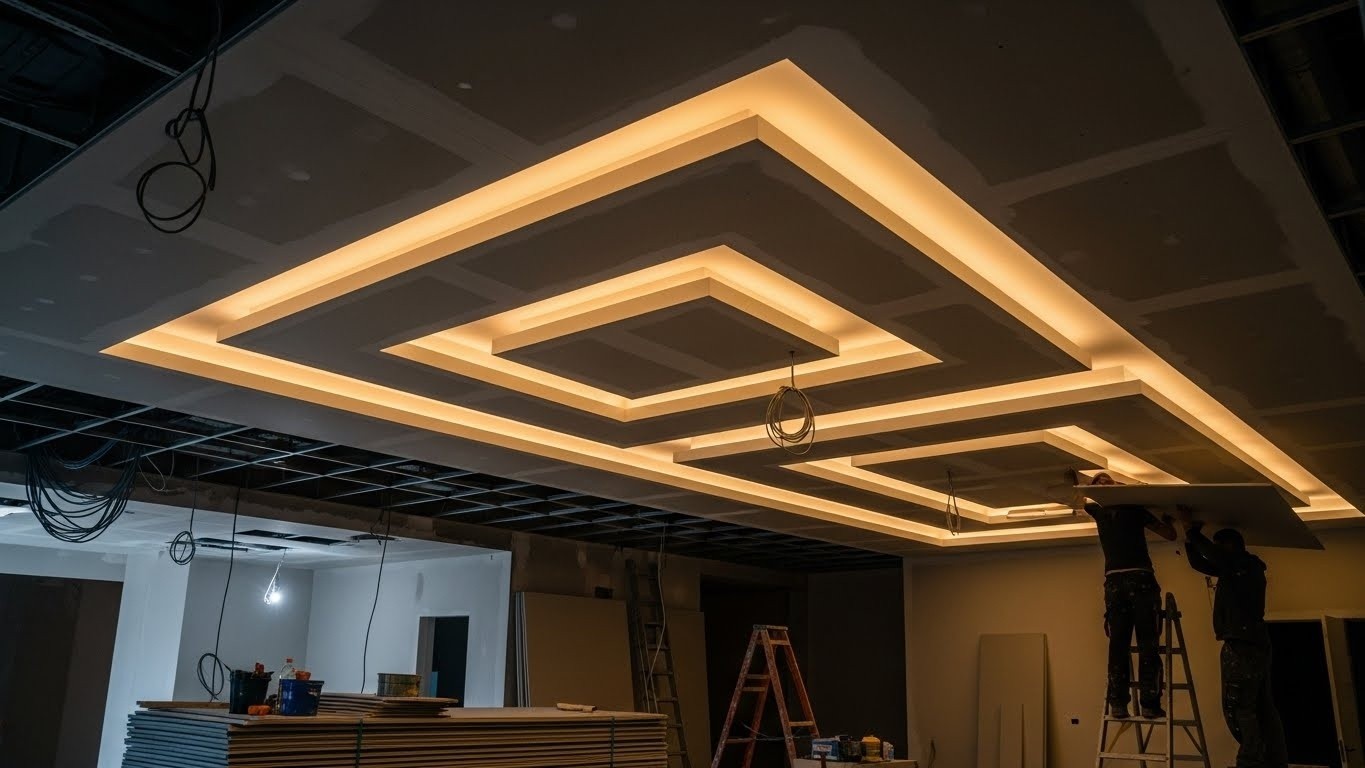 Натяжной потолок с гипсокартонными элементами и подсветкой