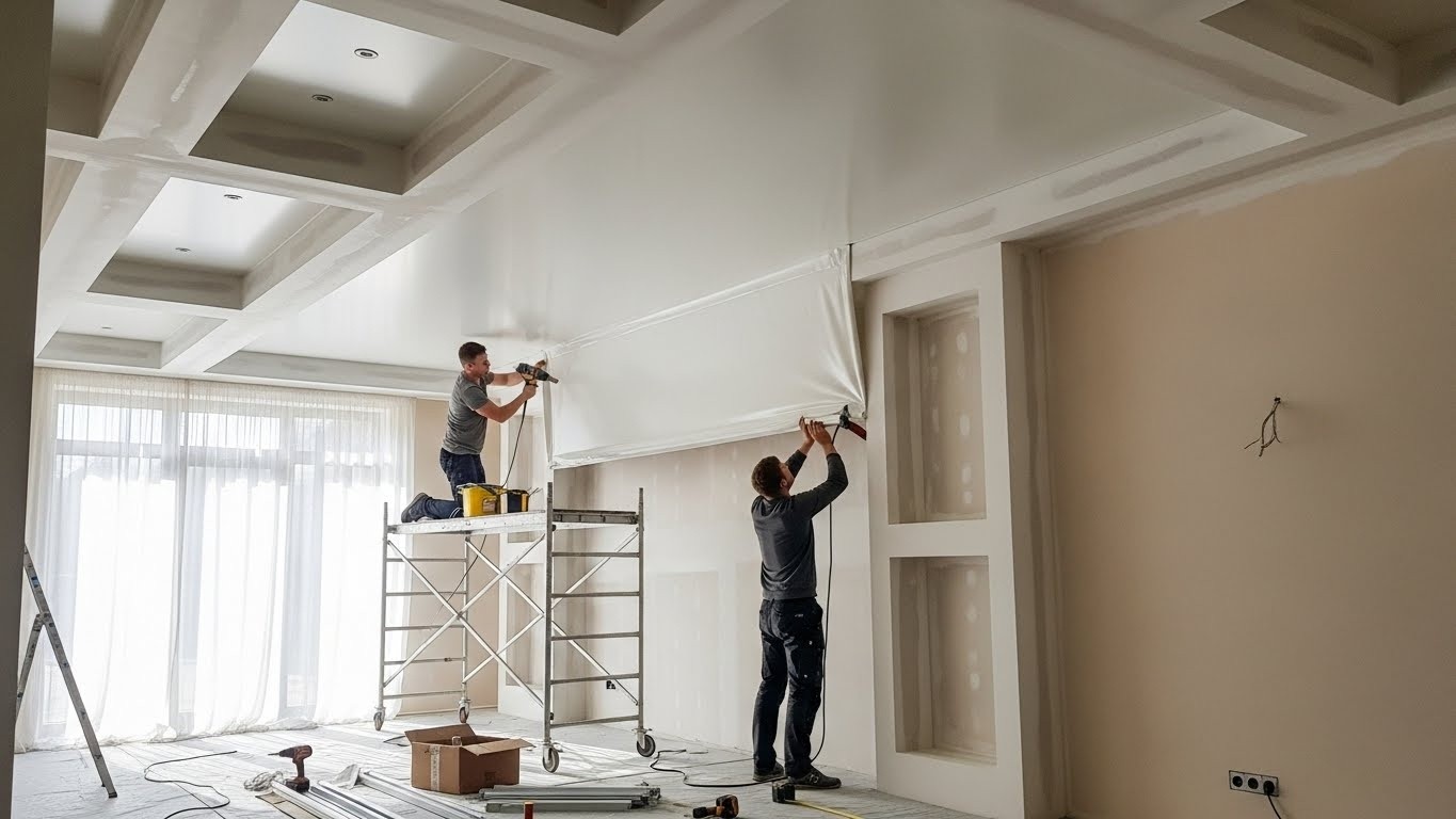 Монтаж натяжных потолков с гипсокартонными элементами для жилых помещений