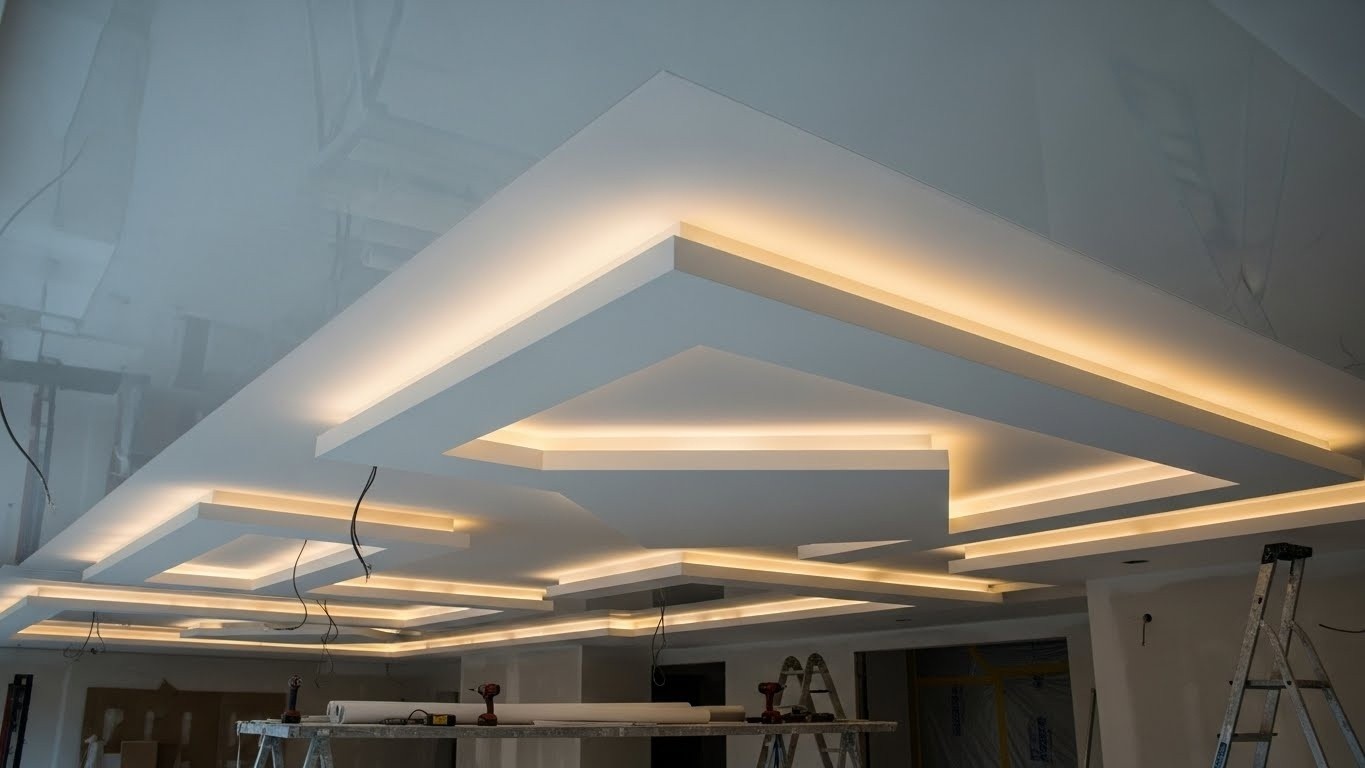 Монтаж натяжных потолков с гипсокартонными элементами с многоуровневыми конструкциями