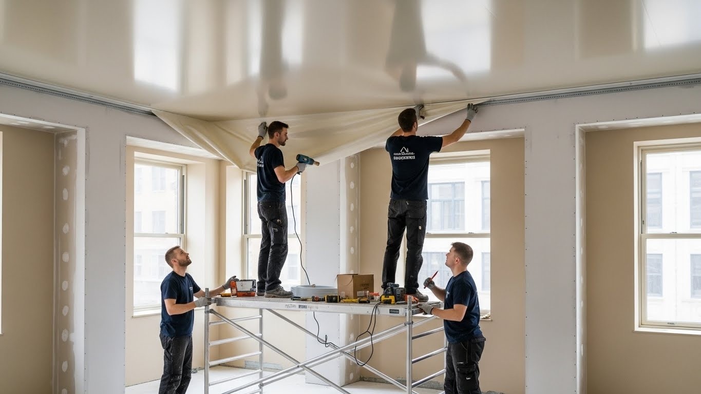 Монтаж натяжного потолка с гипсокартонными элементами для торгового помещения Натяжной потолок с гипсокартонными элементами для торгового помещения