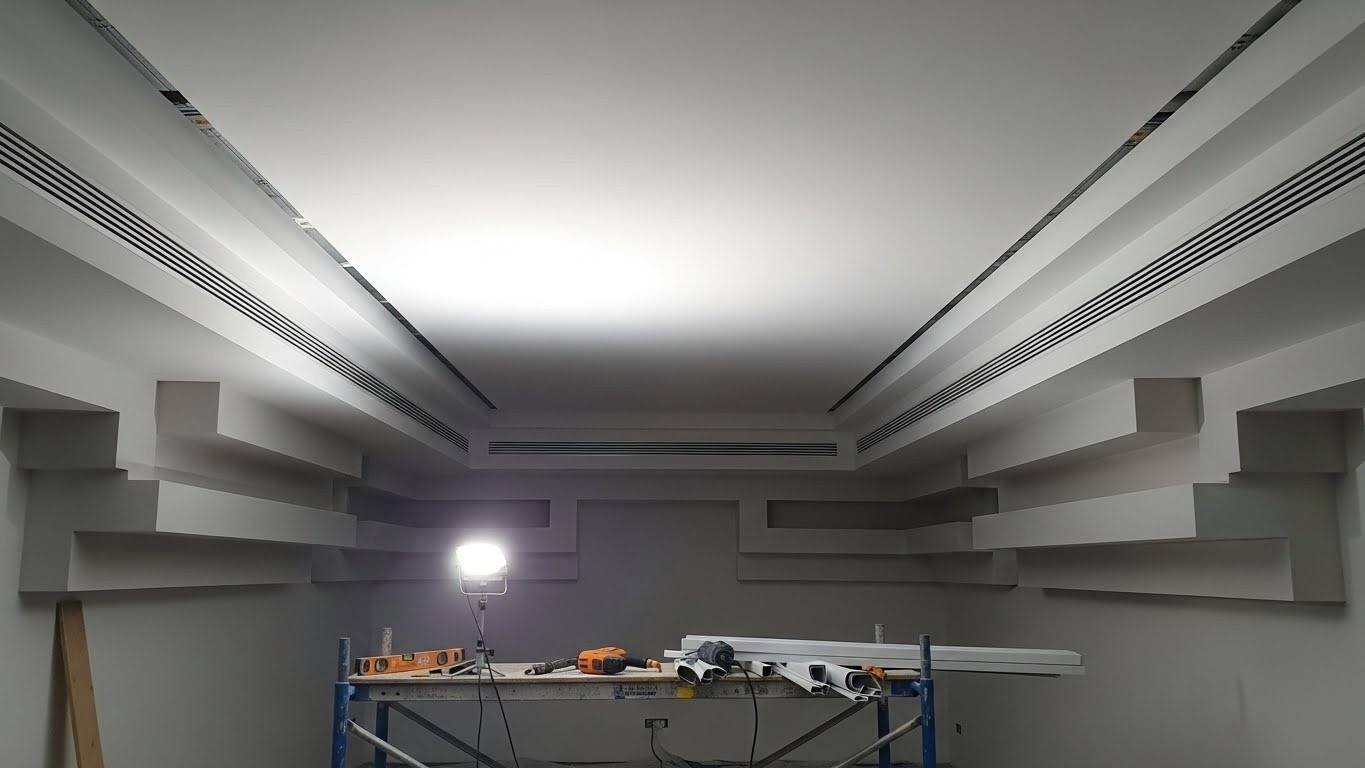 Натяжной потолок с гипсокартонными элементами и скрытой вентиляцией