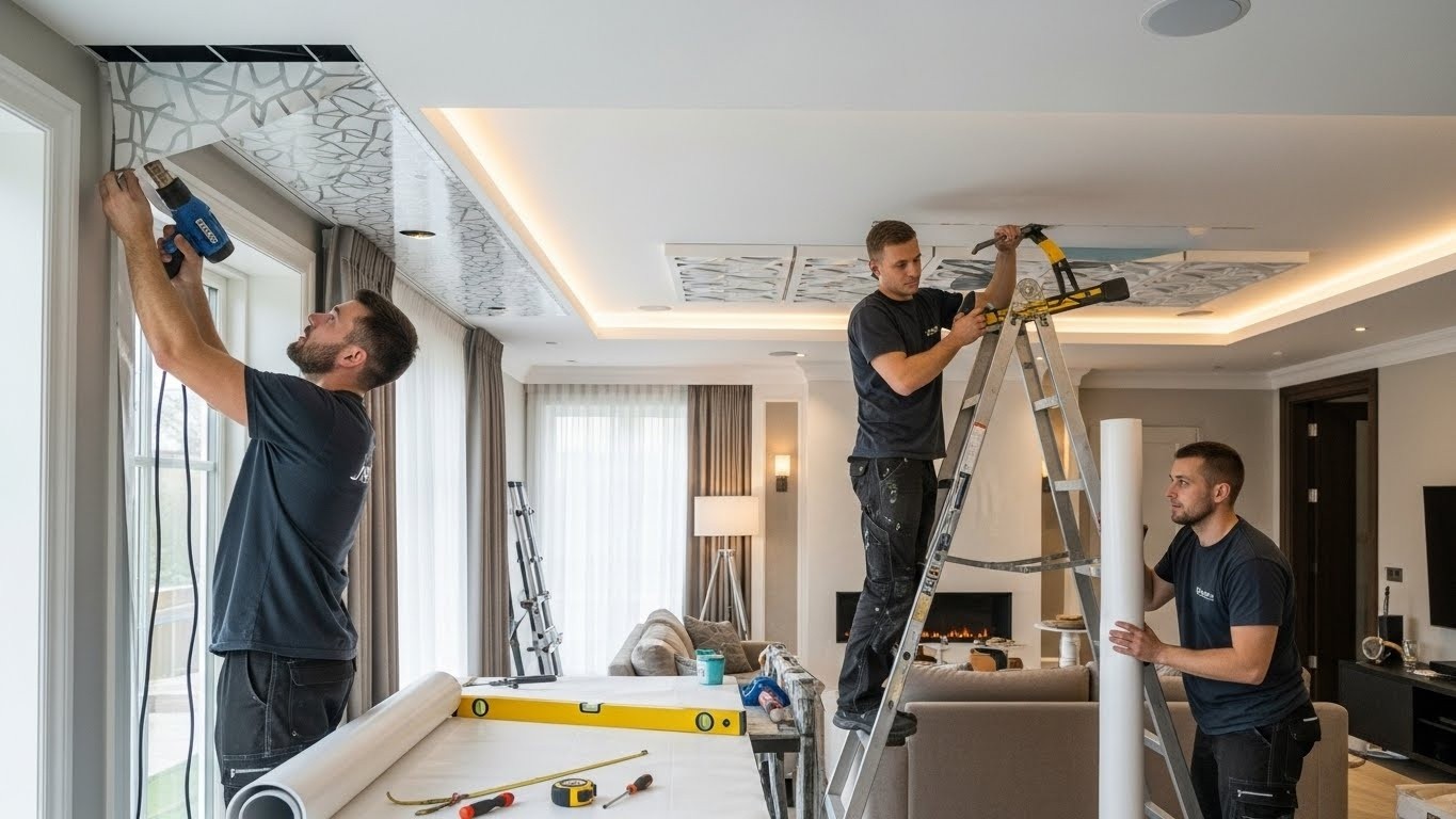 Монтаж натяжного потолка с декоративными панелями для жилых помещений Натяжной потолок с декоративными панелями в жилом интерьере