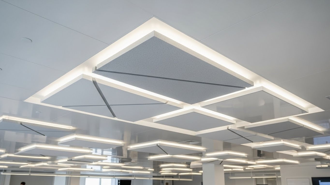 Монтаж натяжных потолков с декоративными панелями для офисов