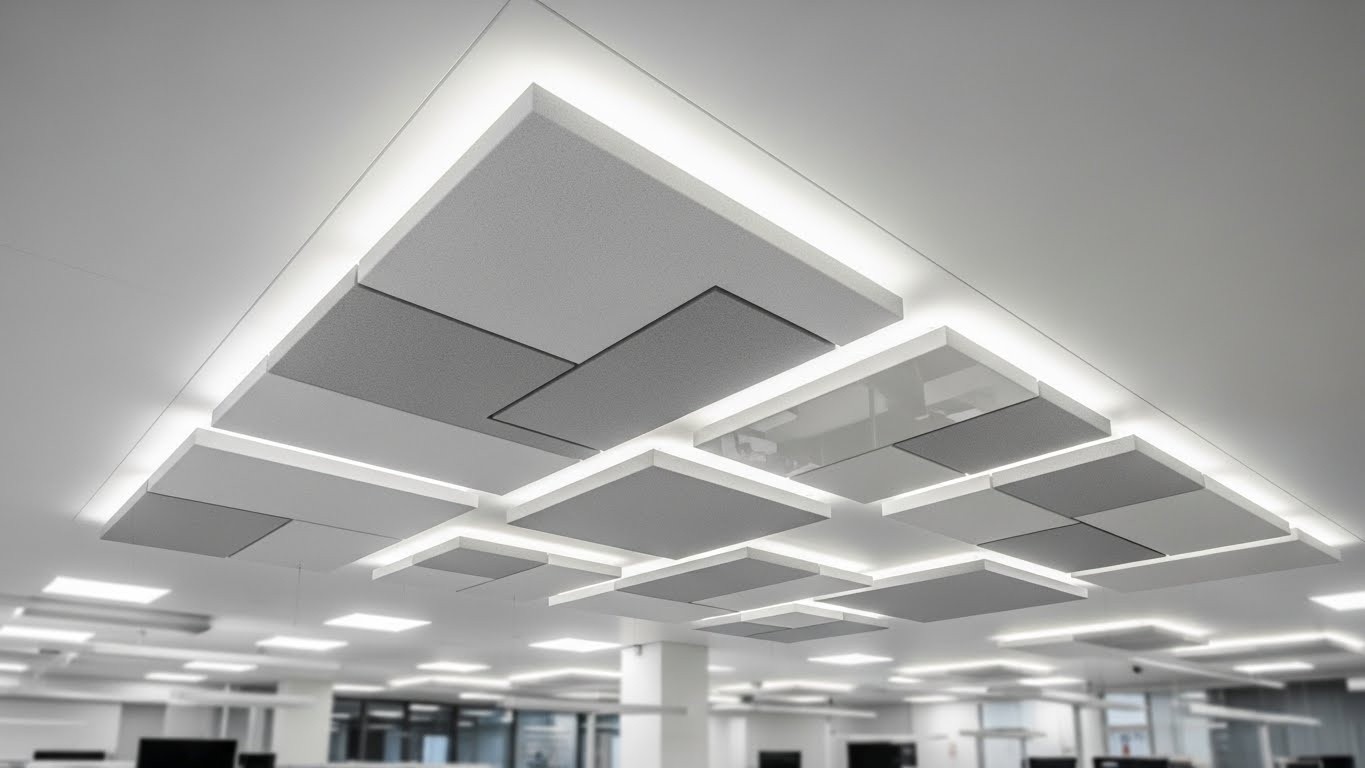 Натяжной потолок с декоративными панелями в офисе