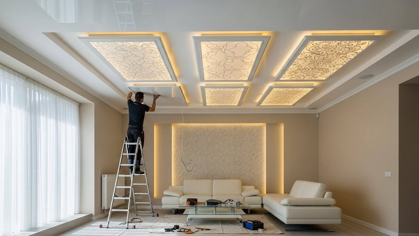 Монтаж натяжных потолков с декоративными панелями с подсветкой