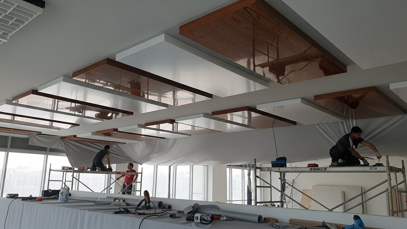 Монтаж натяжных потолков с декоративными панелями для торговых помещений