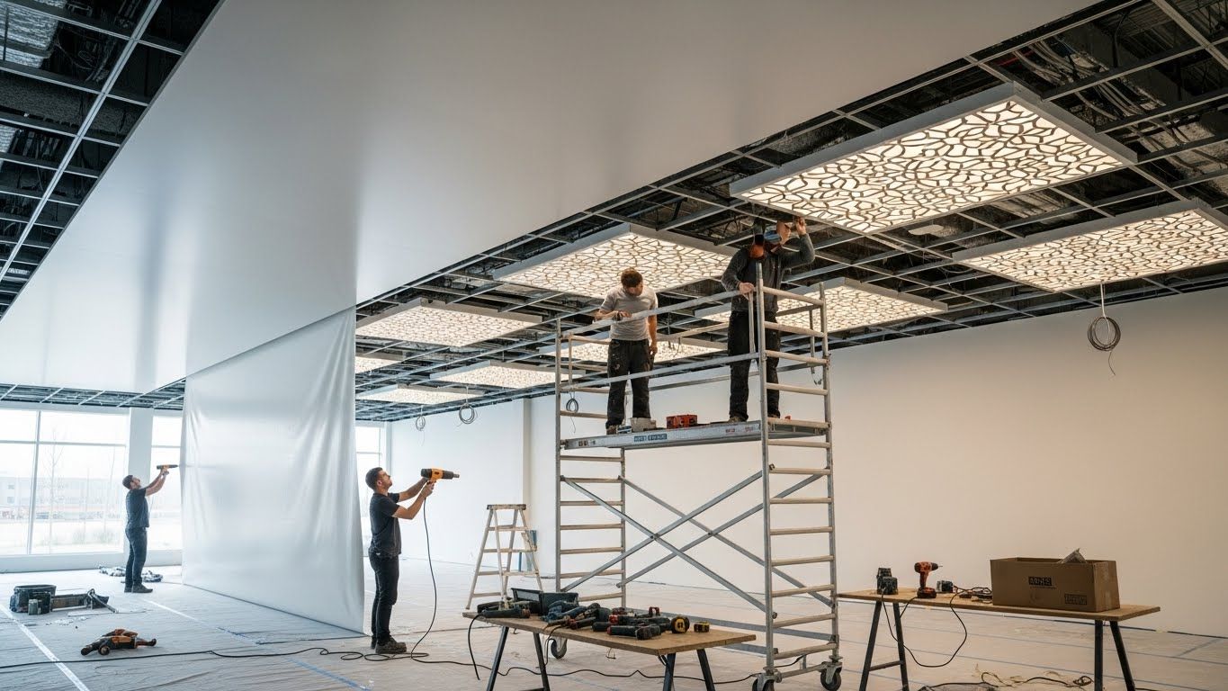 Натяжной потолок с декоративными панелями в торговом помещении