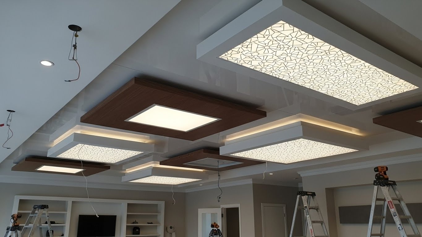 Монтаж натяжных потолков с декоративными панелями с многоуровневыми конструкциями