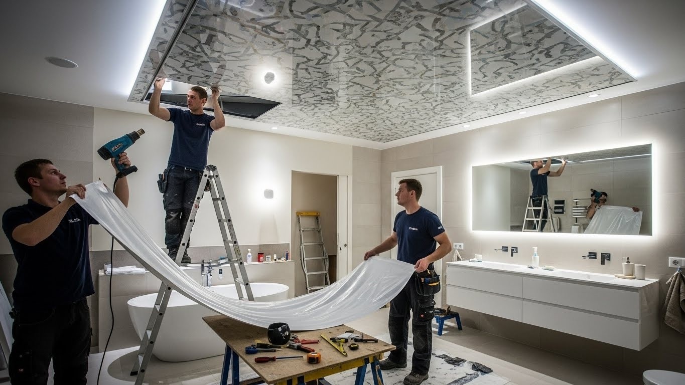 Монтаж натяжных потолков с декоративными панелями для ванных комнат