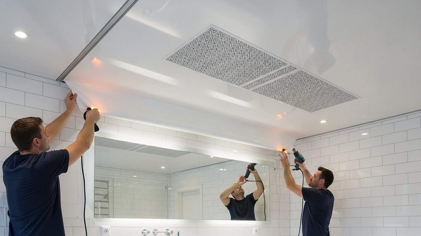 Натяжной потолок с декоративными панелями в ванной комнате