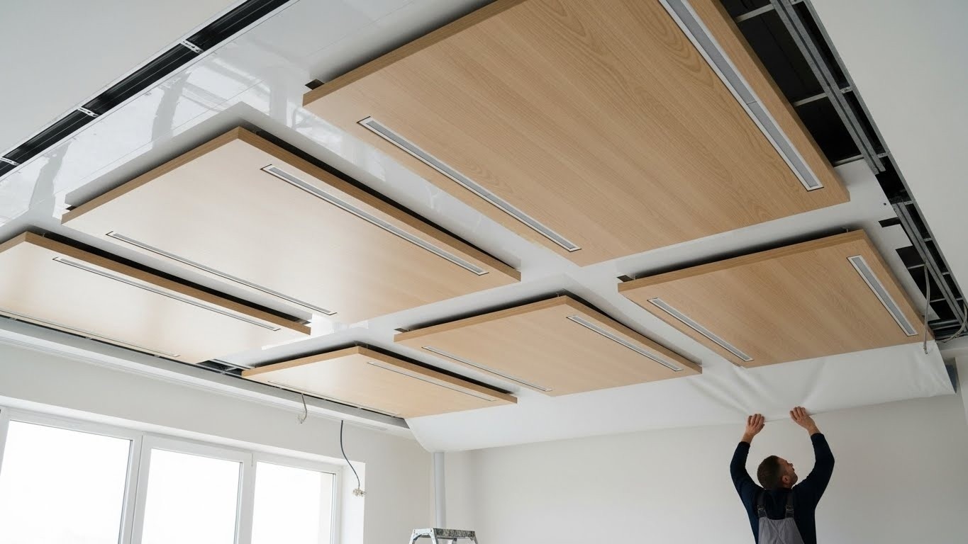 Натяжной потолок с декоративными панелями и скрытой вентиляцией