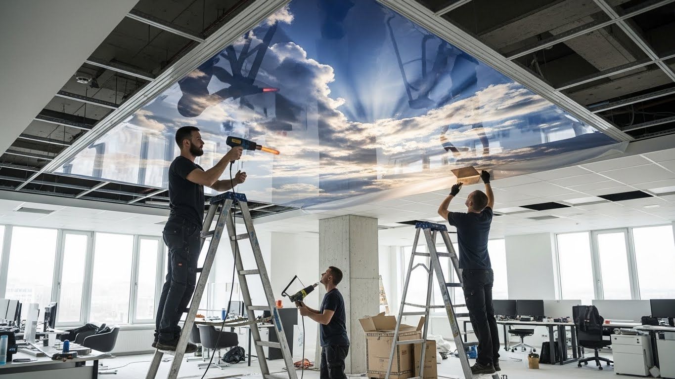Монтаж натяжных потолков с 3D фотопечатью для офисов