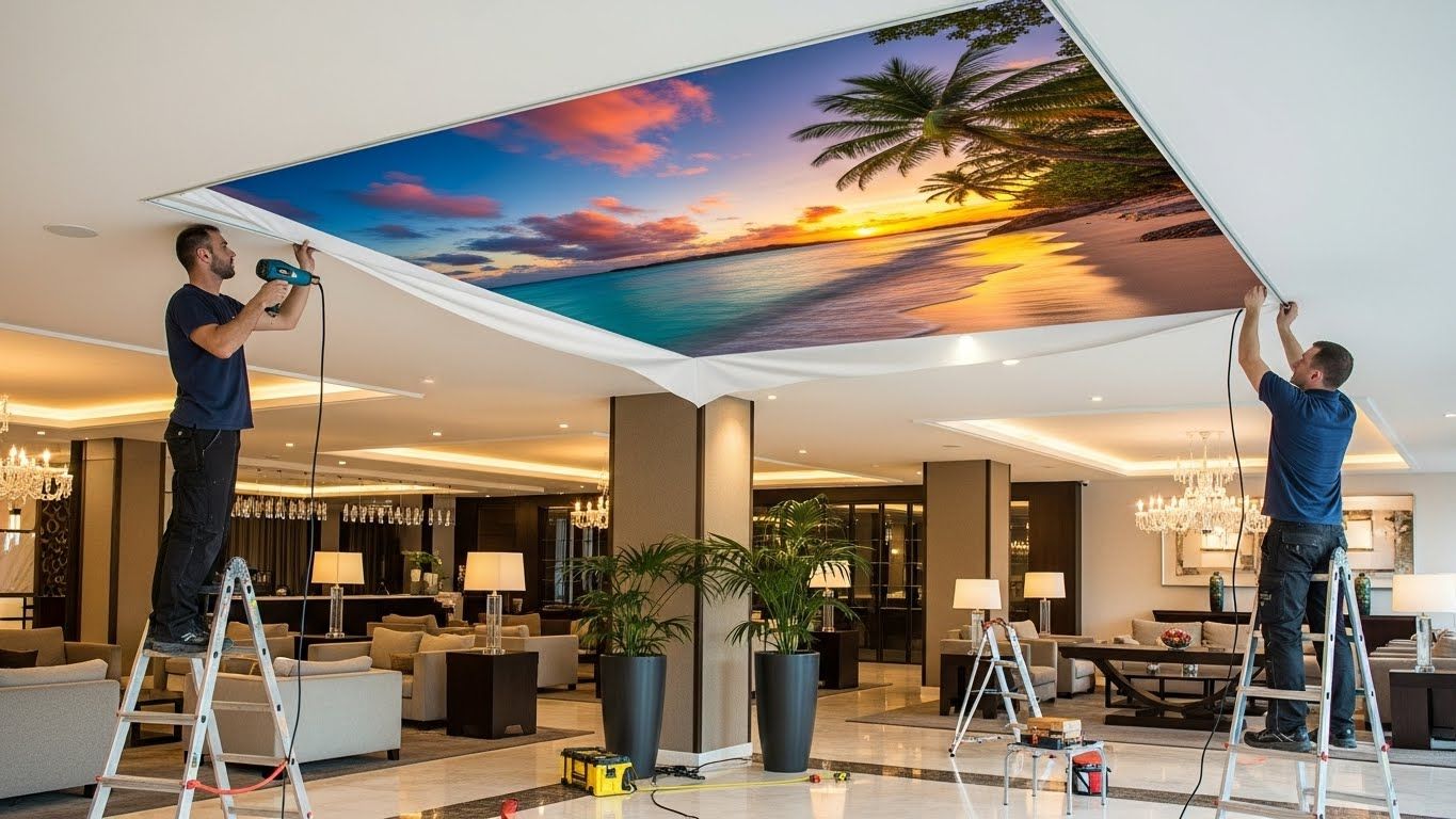 Монтаж натяжных потолков с 3D фотопечатью для гостиниц