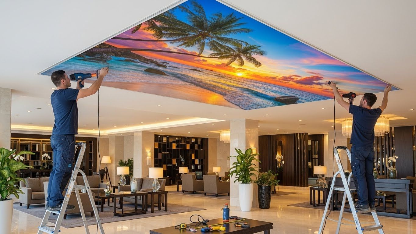 Натяжной потолок с 3D фотопечатью в гостинице