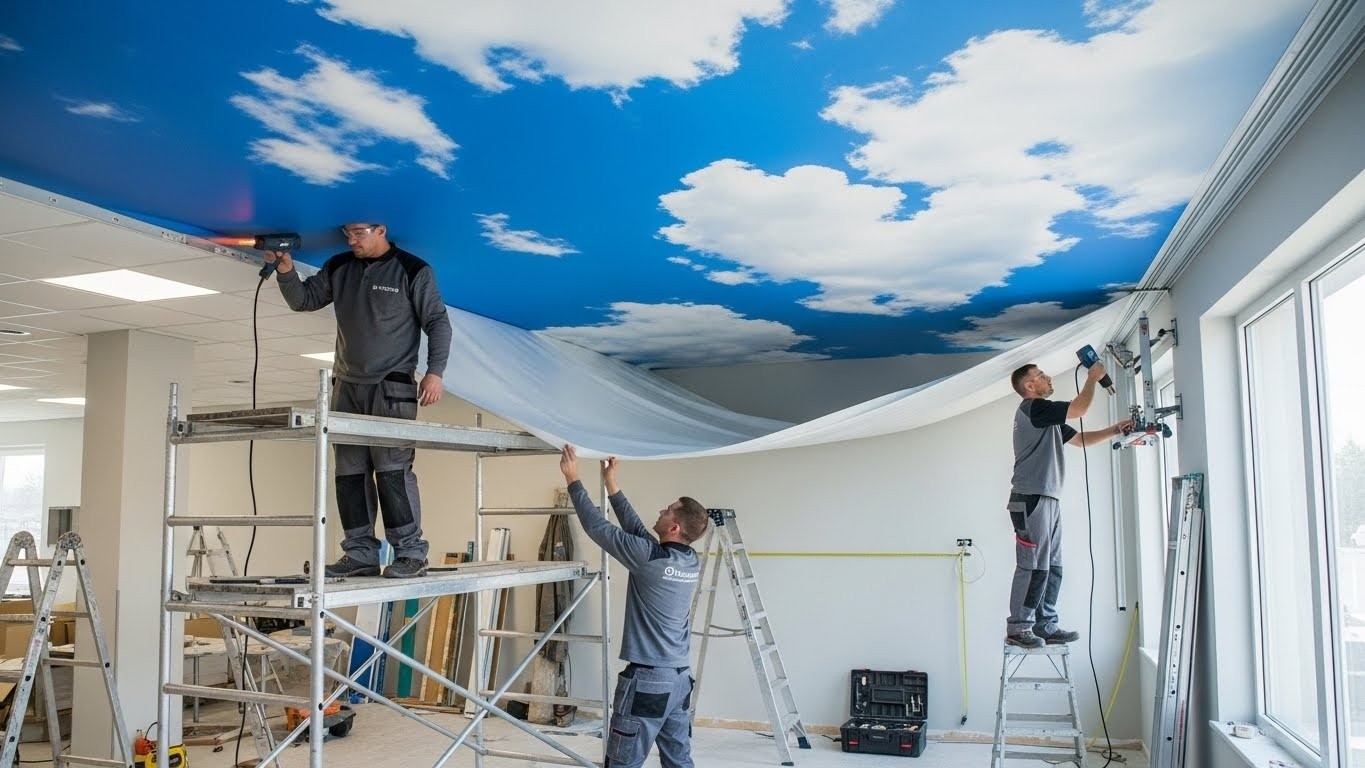 Монтаж натяжных потолков с 3D фотопечатью для торговых помещений
