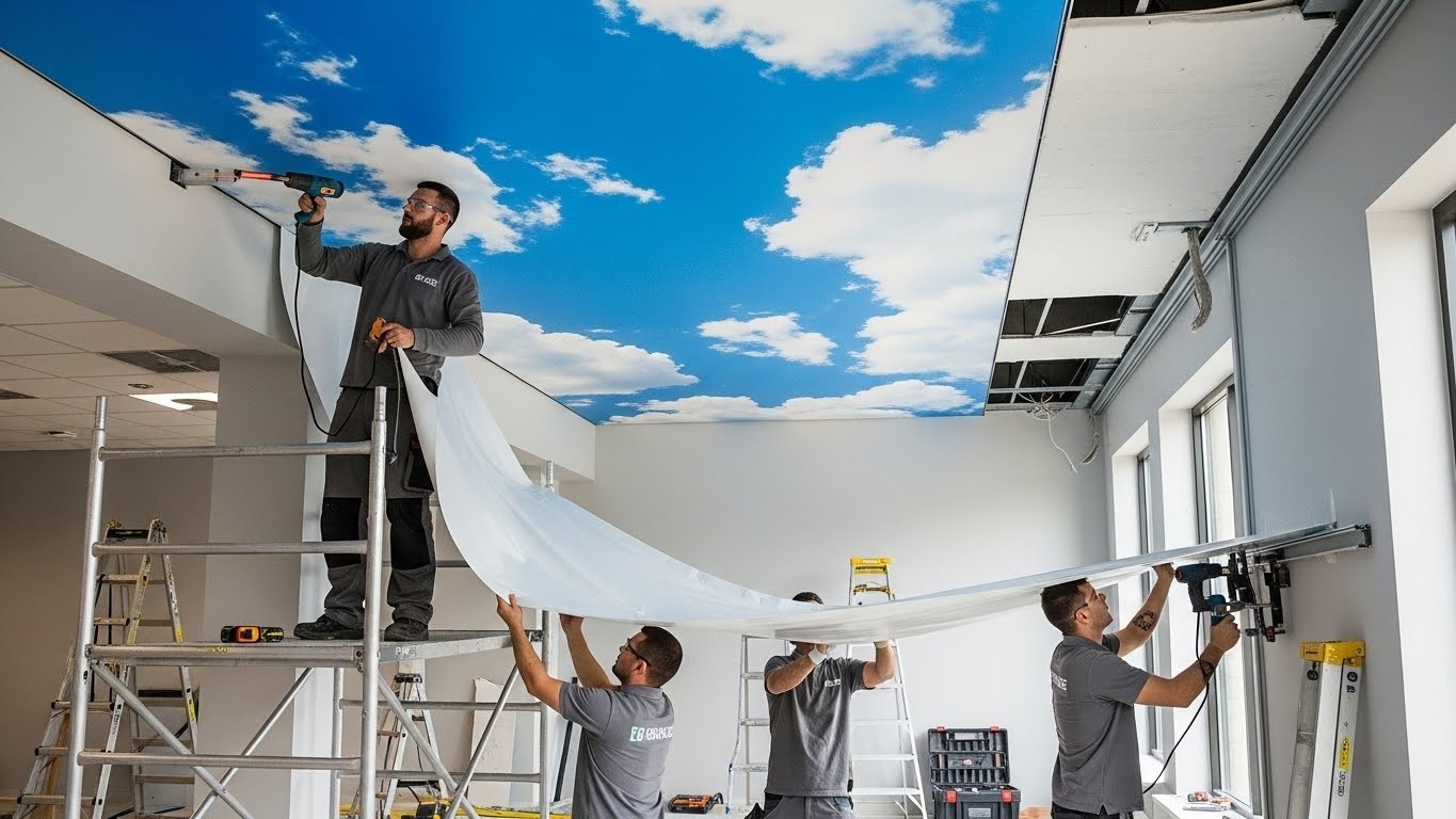 Натяжной потолок с 3D фотопечатью в торговом зале