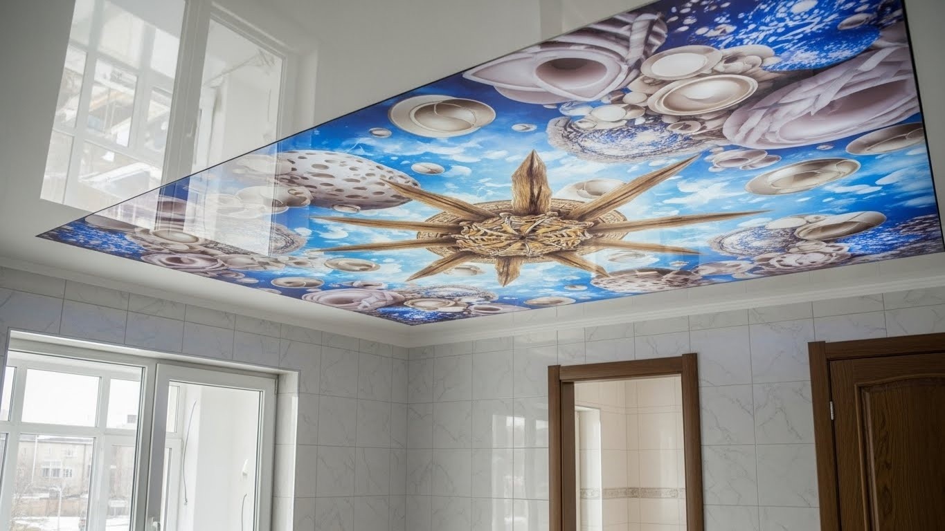 Монтаж натяжных потолков с 3D фотопечатью для ванных комнат