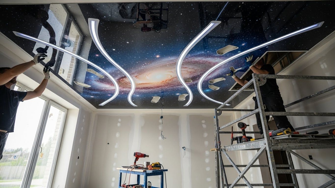 Монтаж натяжных потолков с 3D фотопечатью с интегрированным освещением