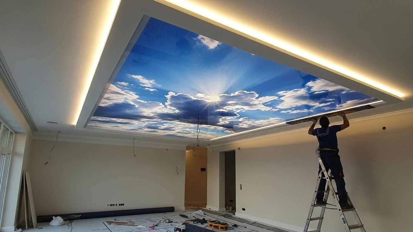 Монтаж натяжного потолка с 3D фотопечатью и интегрированным освещением Натяжной потолок с 3D фотопечатью и подсветкой