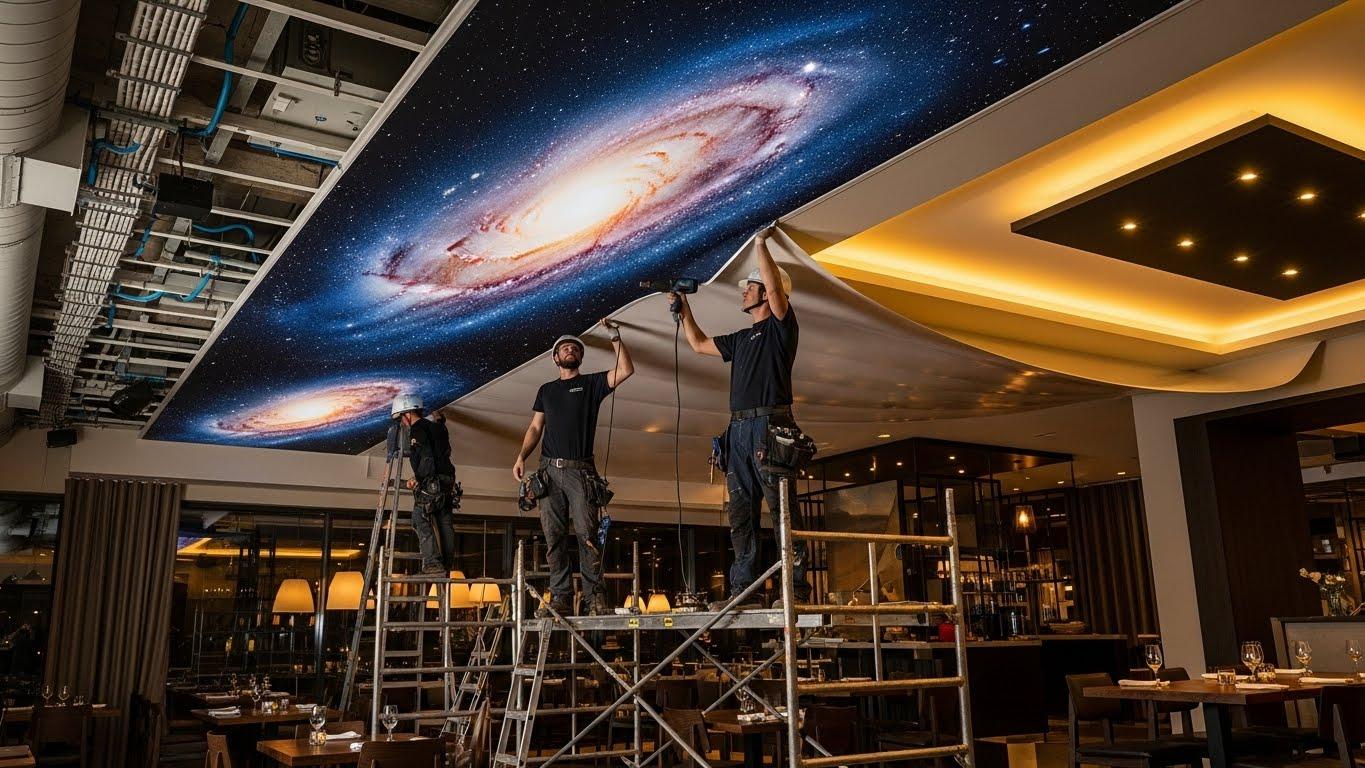 Монтаж натяжных потолков с 3D фотопечатью для ресторанов