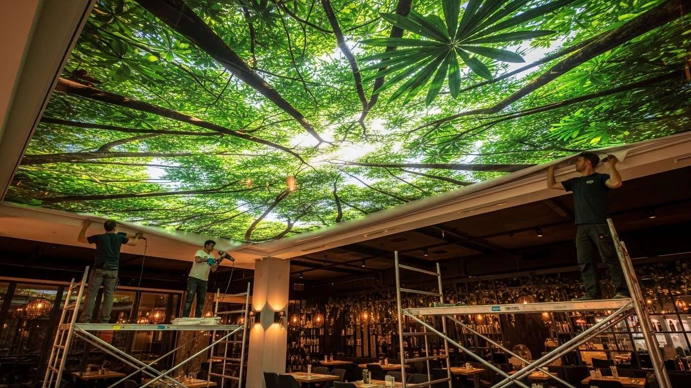 Монтаж натяжного потолка с 3D фотопечатью для ресторана Натяжной потолок с 3D фотопечатью для ресторана