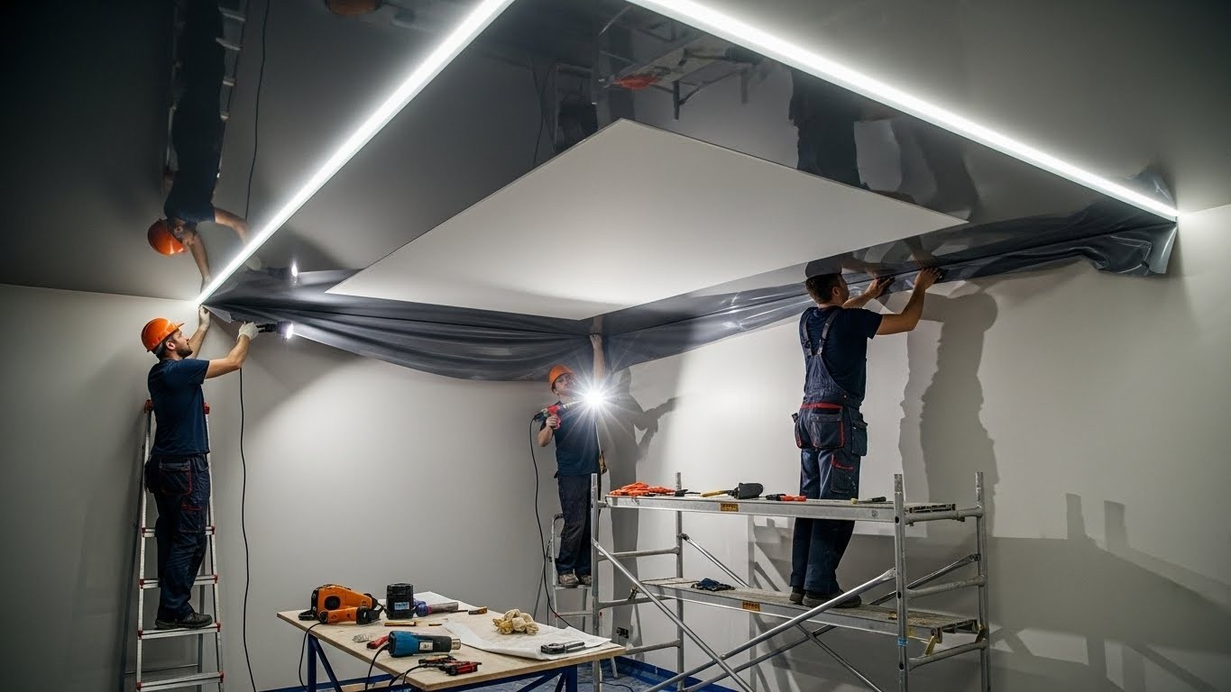 Монтаж натяжных потолков с комбинированными покрытиями для жилых помещений