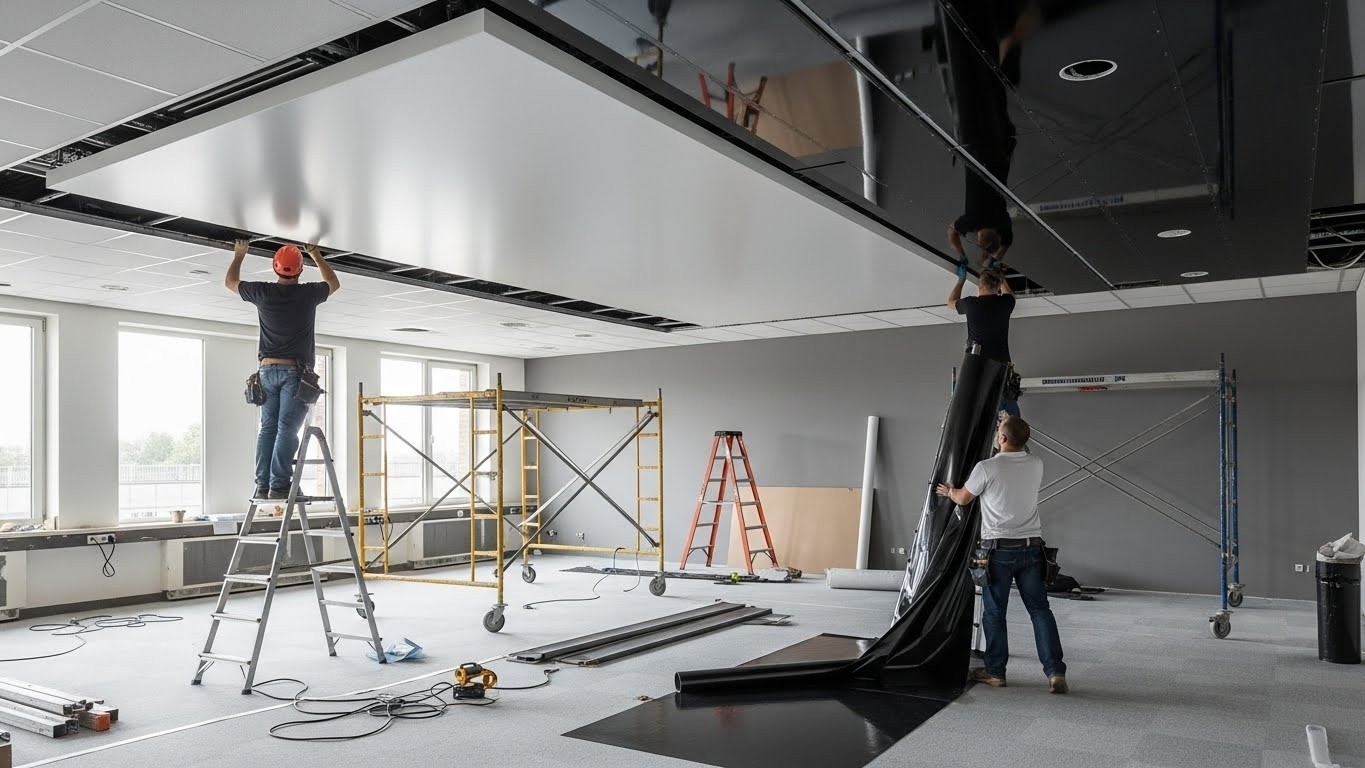 Монтаж натяжных потолков с комбинированными покрытиями для офисных помещений