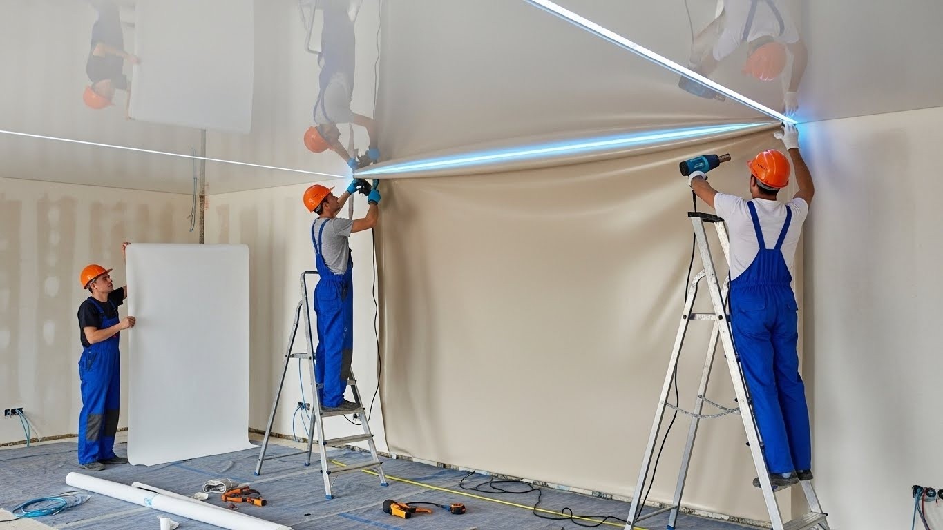 Монтаж натяжных потолков с комбинированными покрытиями с LED подсветкой