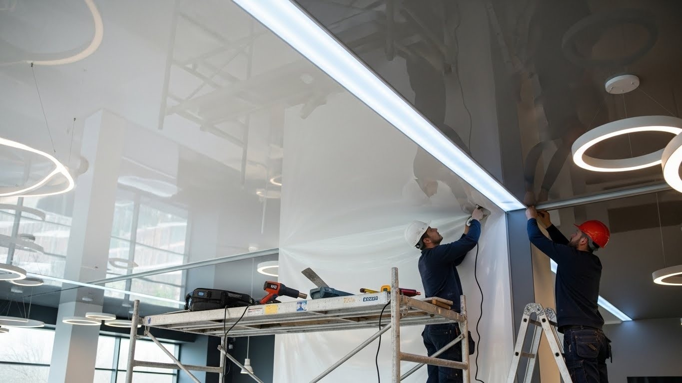 Монтаж натяжных потолков с комбинированными покрытиями для торговых объектов