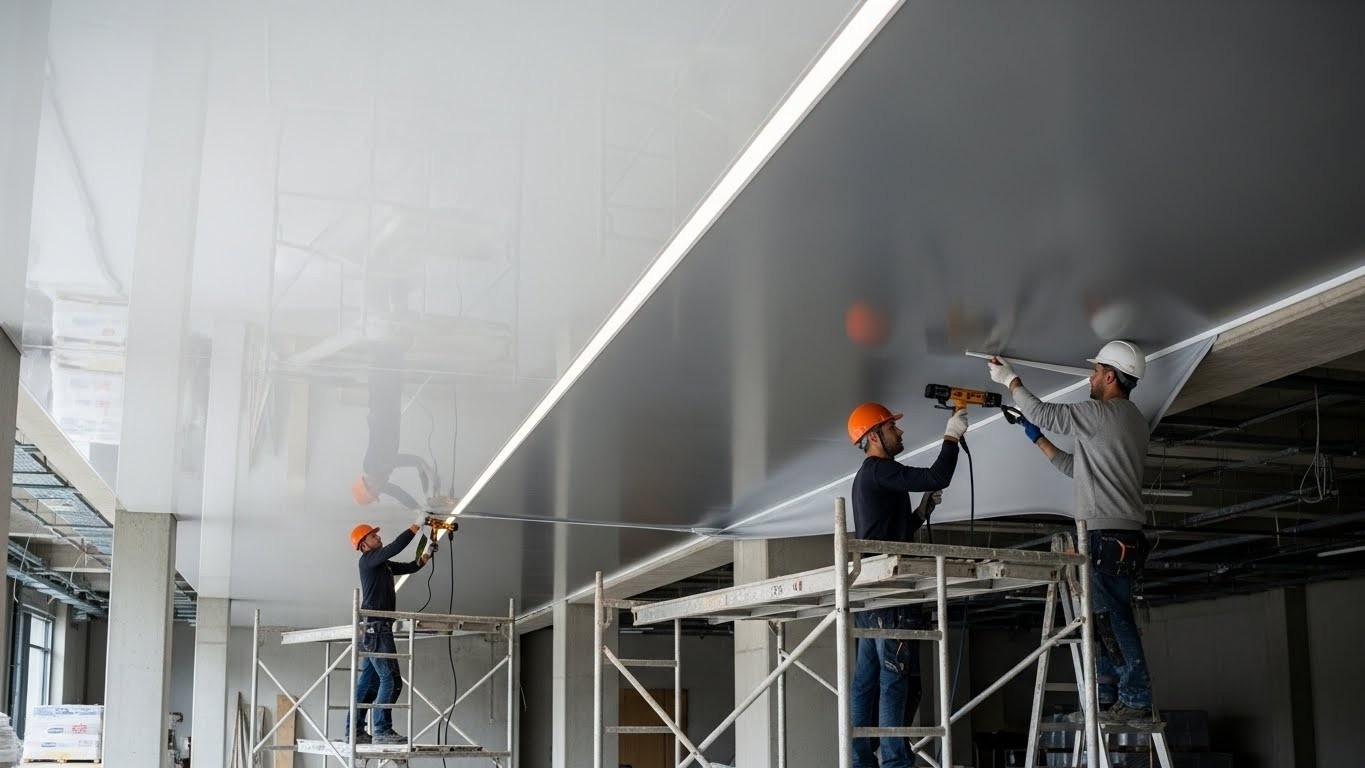 Монтаж комбинированного натяжного потолка с LED подсветкой для магазина Комбинированный натяжной потолок для торгового объекта