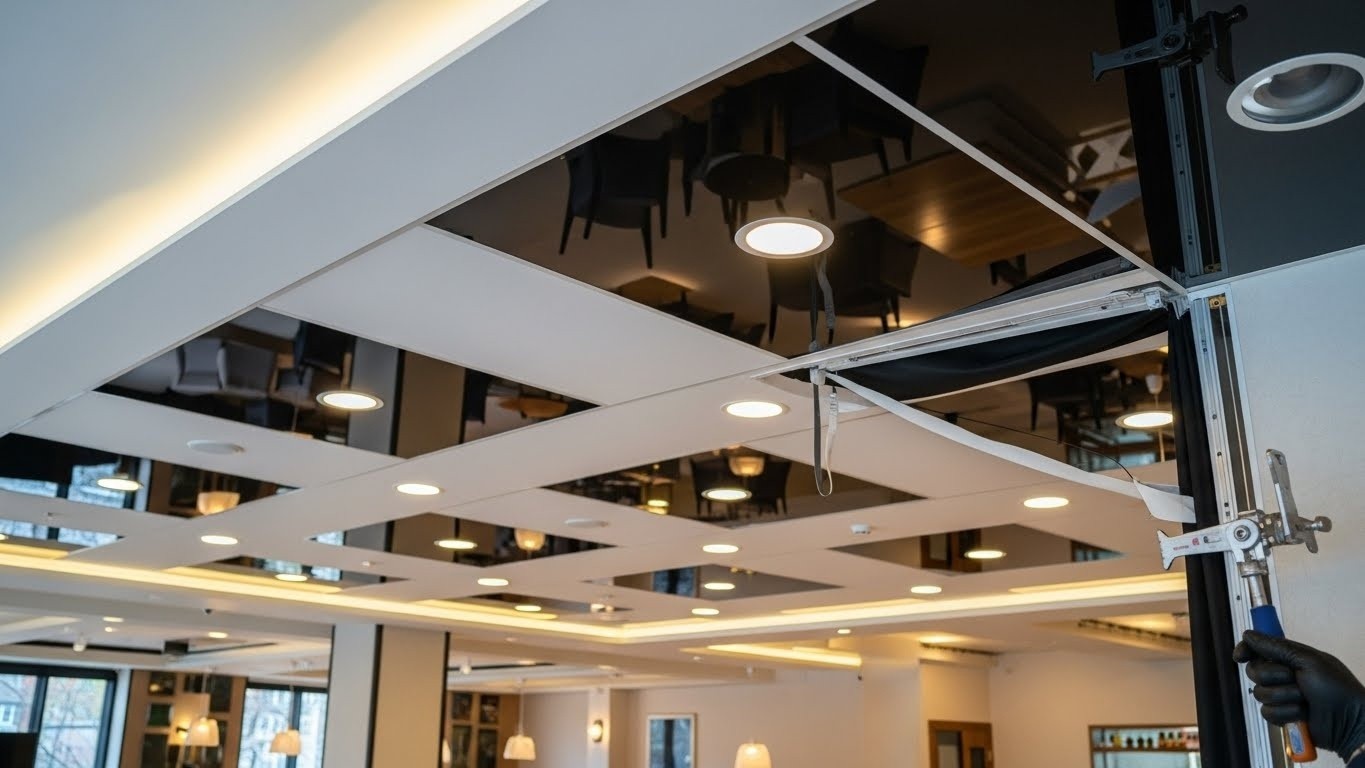 Комбинированный натяжной потолок в кафе