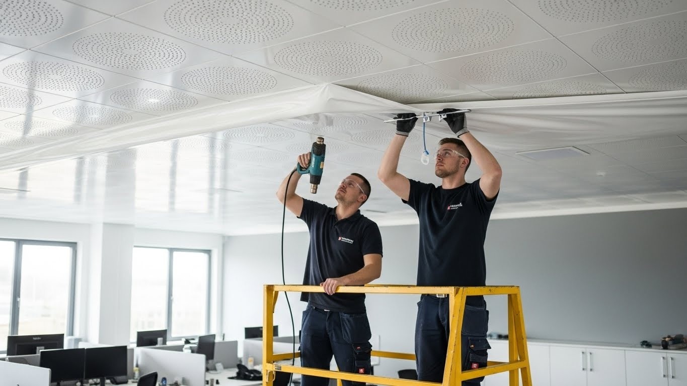 Монтаж натяжных потолков с перфорированными вставками для офисных интерьеров
