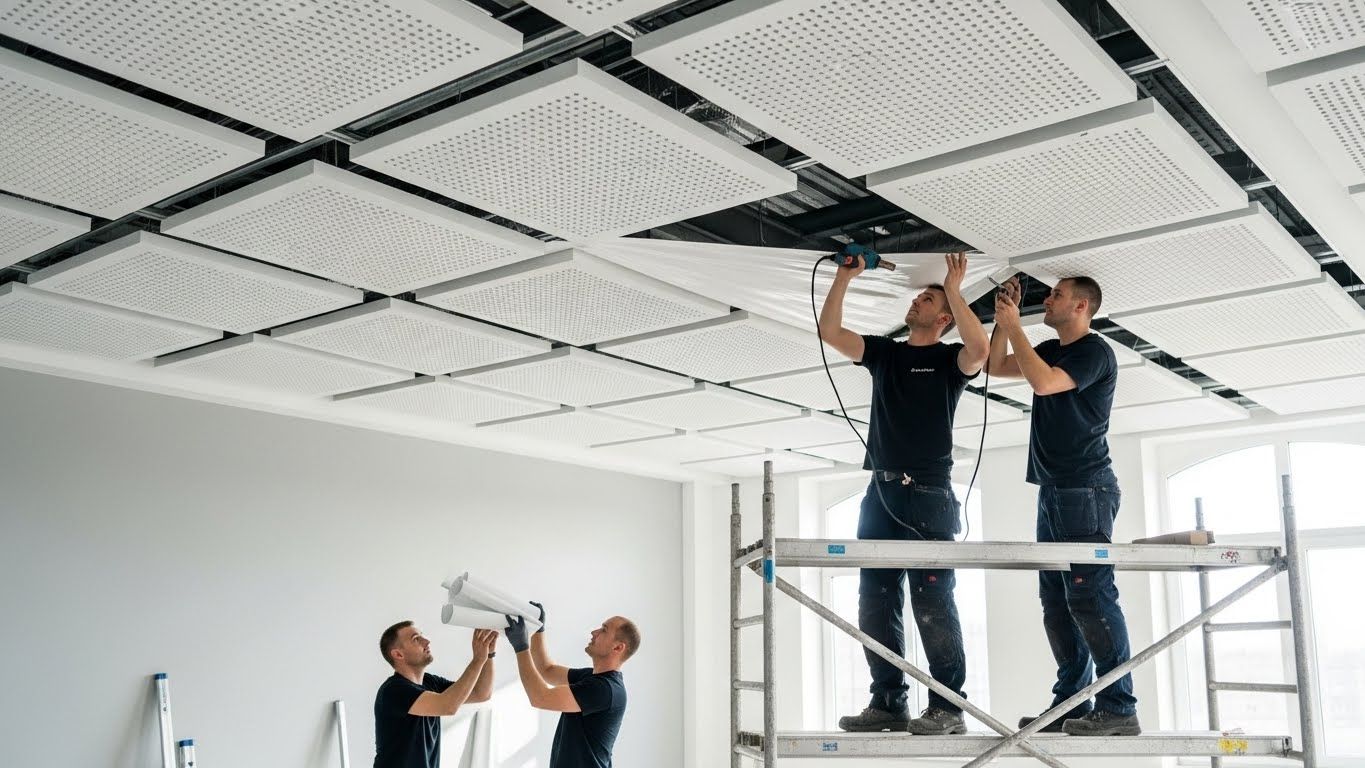 Натяжной потолок с перфорированными вставками в офисе