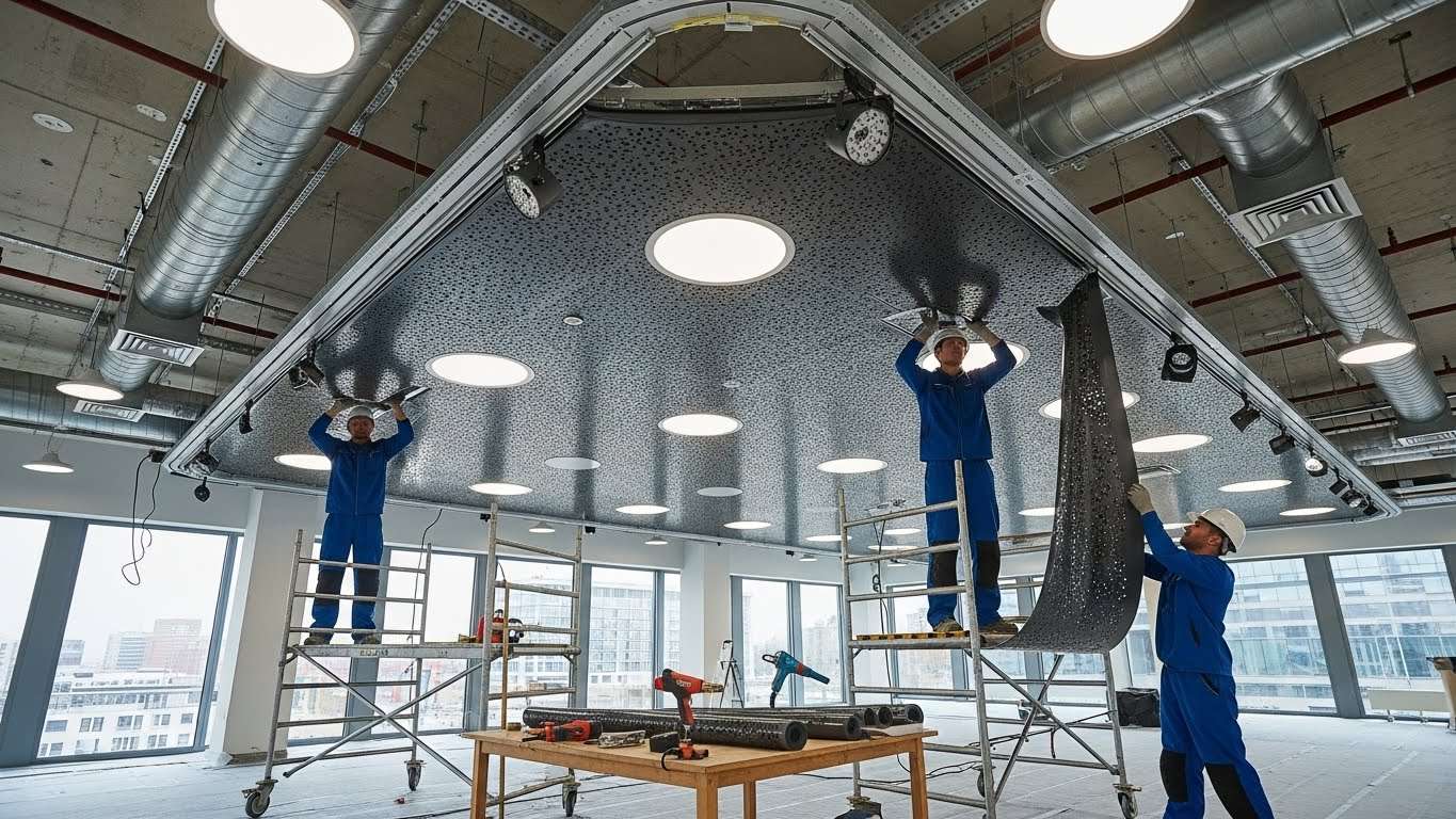 Монтаж натяжных потолков с перфорированными вставками для торговых объектов